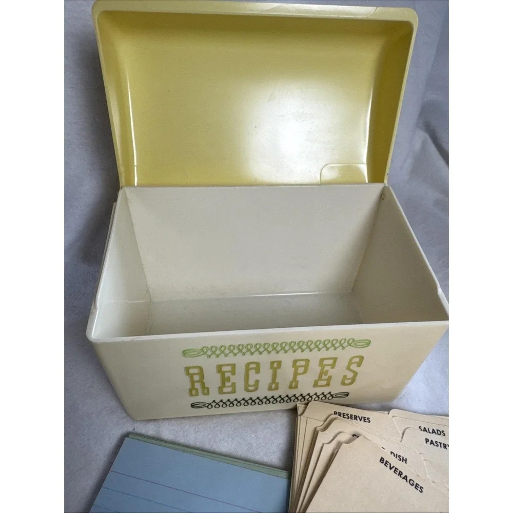 Vintage Mid-Century Modern Yellow Plastic Recipe Box with Assorted Recipe Cards